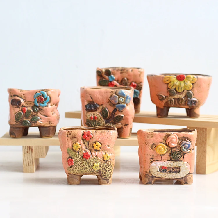 

Korean Multi-meat Flowerpot Pastoral Wind Hand-painted Ceramic Flowerpot Creative Rough Pottery Multi-meat Plant Small