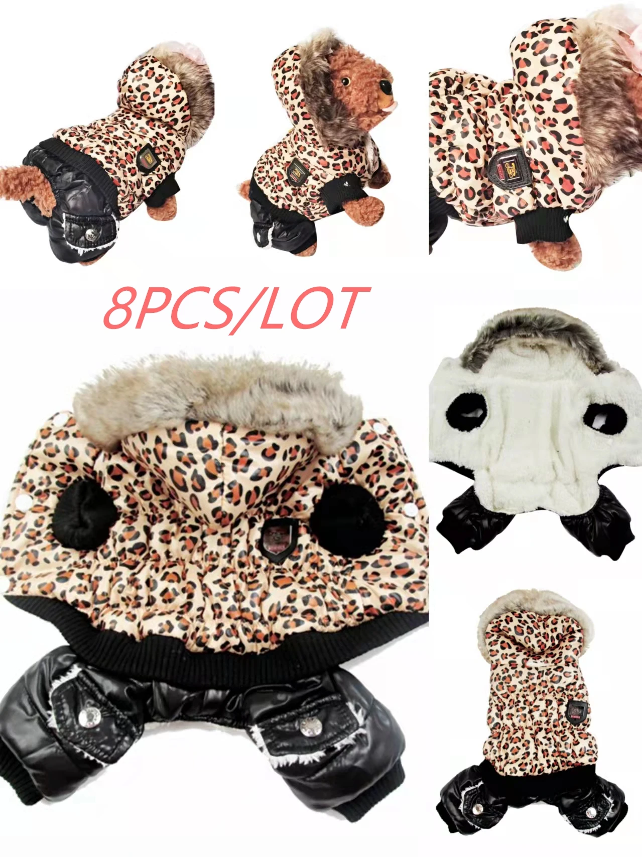 8PCS Leopard Pattern Thickness Warm Pet Dogs Winter Coat Hoodies Jumpsuit Clothing...