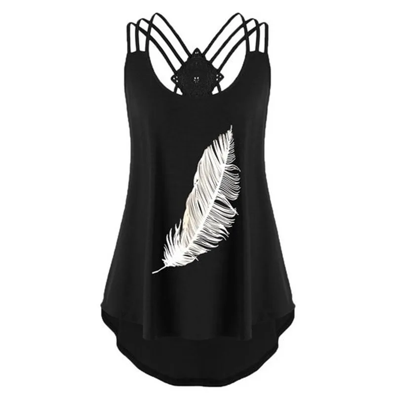 

2020 Autumn Women's New Feather Printing Strap Lace Women's T-shirt Hoodie with Sleeves Sleeveless tops women sexy tops