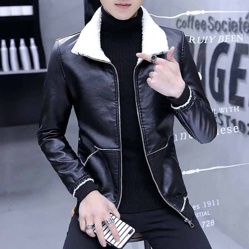 

2020 autumn and winter new men's faux leather Korean version slim youth plus velvet jacket handsome Cotton Liner Black Khaki