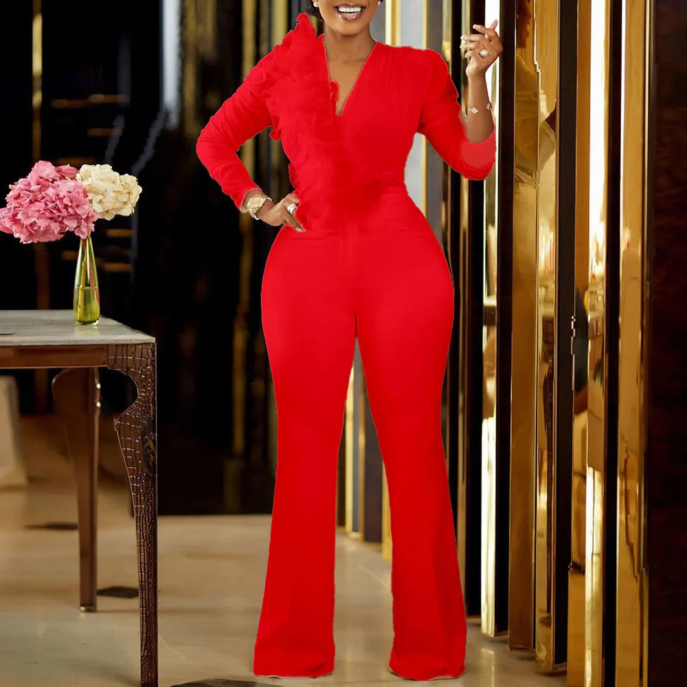 Plus Size High Waist Plain Long Sleeve Jumpsuit Women Elegant Formal Party Swallowtail Slim Autumn Ladies Red Wide Leg Jumpsuits