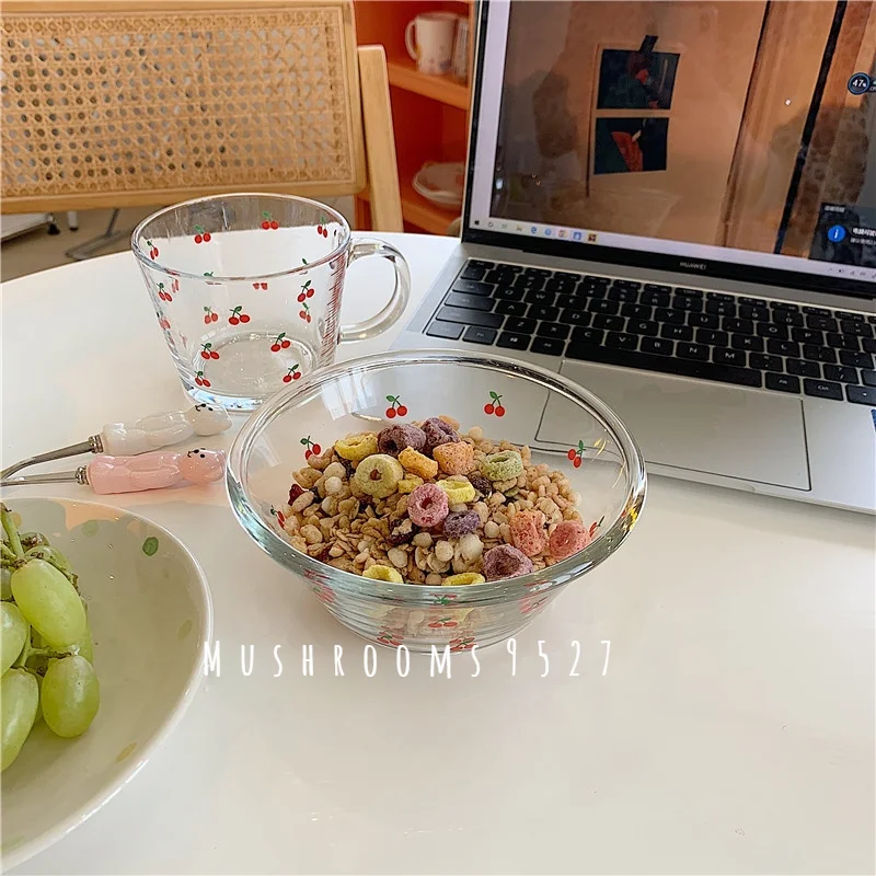 Stile coreano carino ciliegia ciotola rotonda vetro graduato colazione cereali latte tazza di frutta insalatiera tazza di caffè al latte