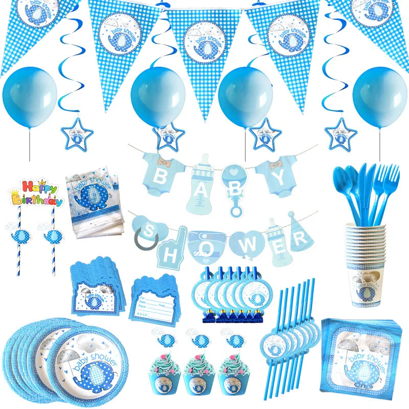 

Baby Shower 1th birthday party baby boy blue cute Elephant theme decorations kids paper disposable tableware set party supplies