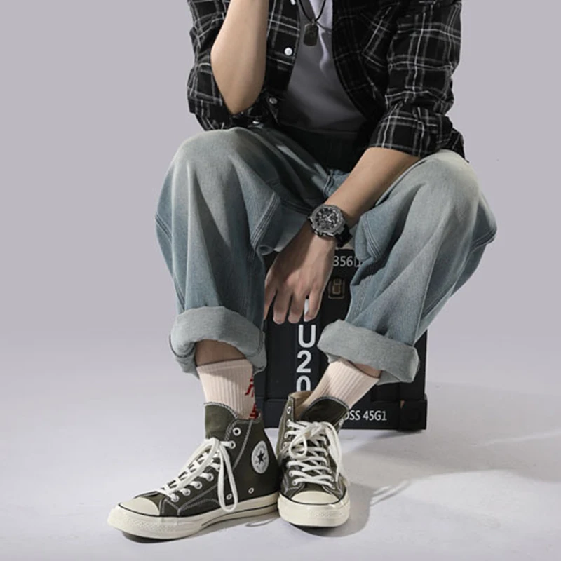 

New Vintage Mens Jeans Mid Waist Casual Denim Trousers For Male Straight Denim Pants Youth Men Washed Full Length Jeans Trousers