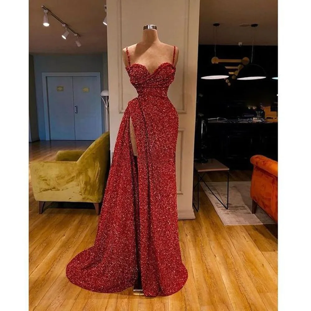 

New High Splite Sparkly Long Prom Dresses Red Mermaid Prom Gowns Spaghetti Strap Custom Make Party Dresses Vestidos De Gala
