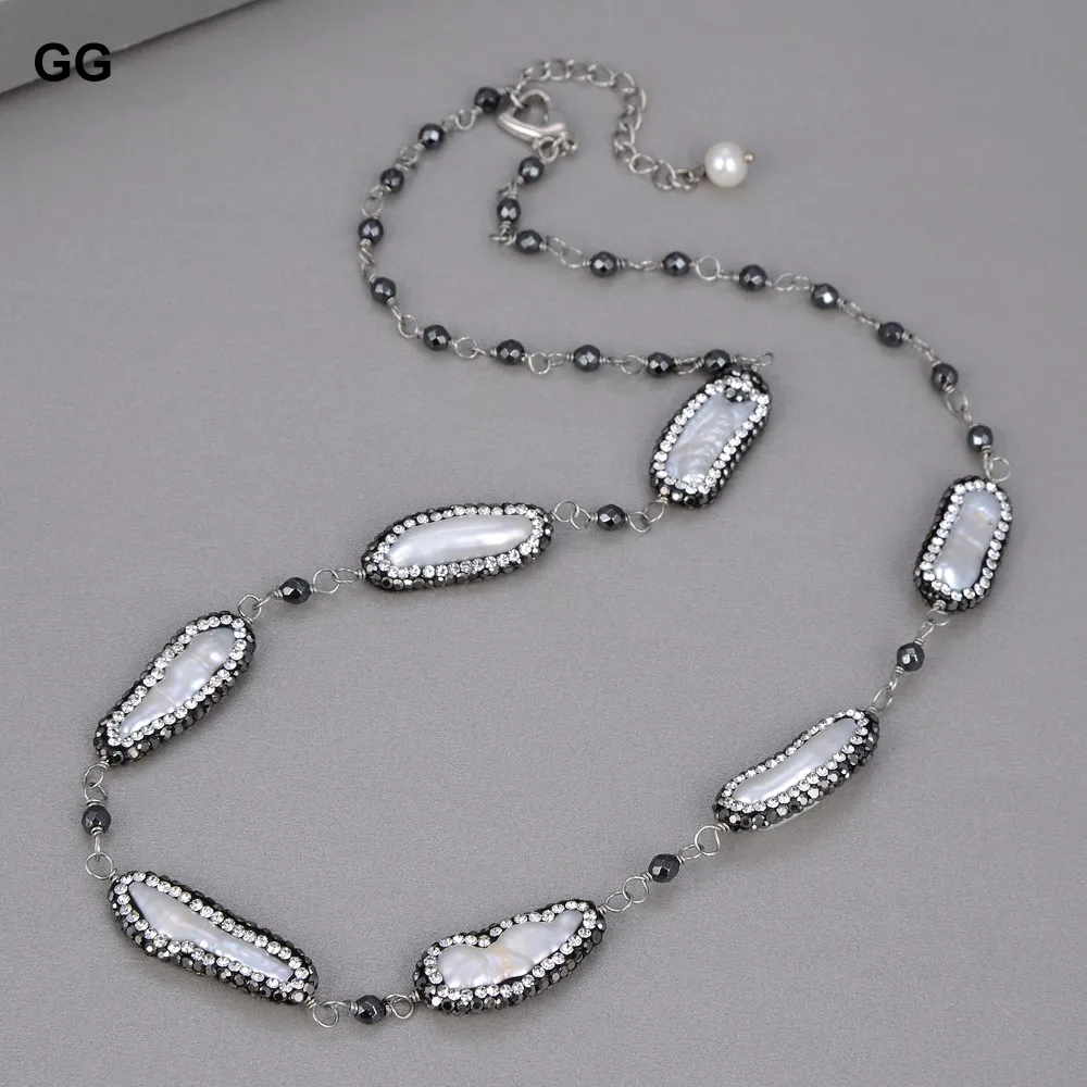 GuaiGuai Jewelry 22'' Natural White Biwa Pearl Black Marcasite Faceted Round Hematite Necklace For Women