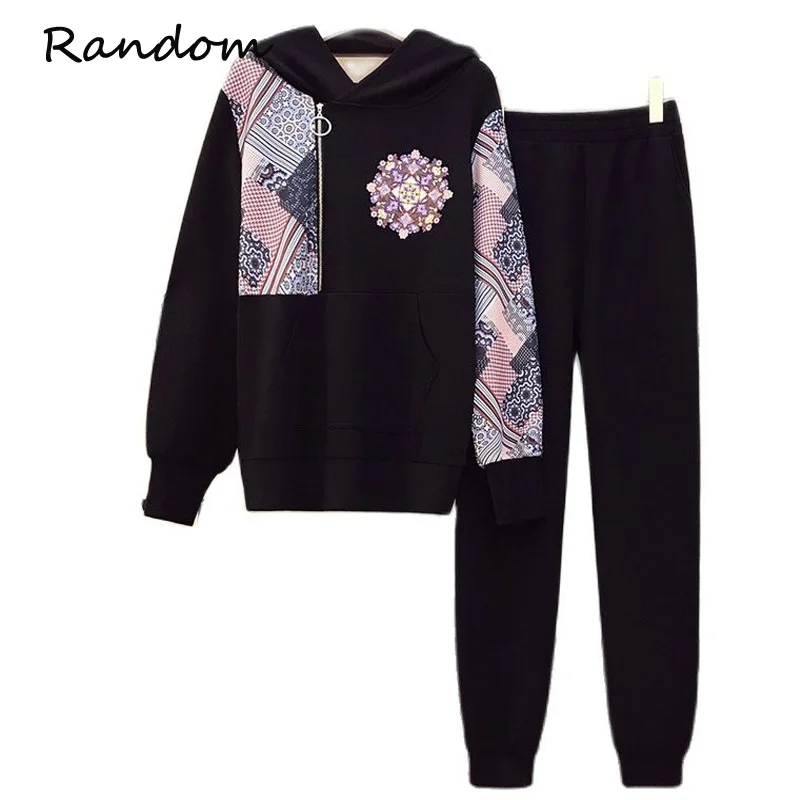 

Plus Size 4XL Women Sports Cotton Suit Hoodies Sweatershirt And Pant Two Piece Set Print Tracksuit Winter Clothing Warm Outfits