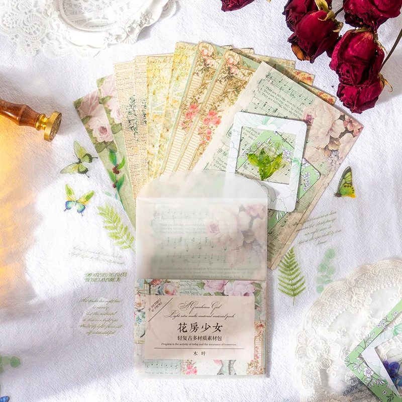 

40 Sheets Vintage Flower Garden Girl Scrapbooking Paper and Stickers Set for DIY Materail Journal Decoration