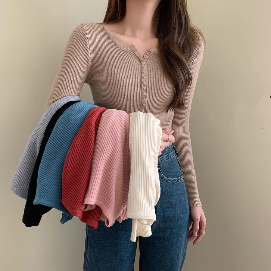 

Осень Женский вязаный свитер с длинным рукавом и v-образным вырезом, сексуальный тонкий офисные женские туфли, с пуговицей, на каждый день, с...