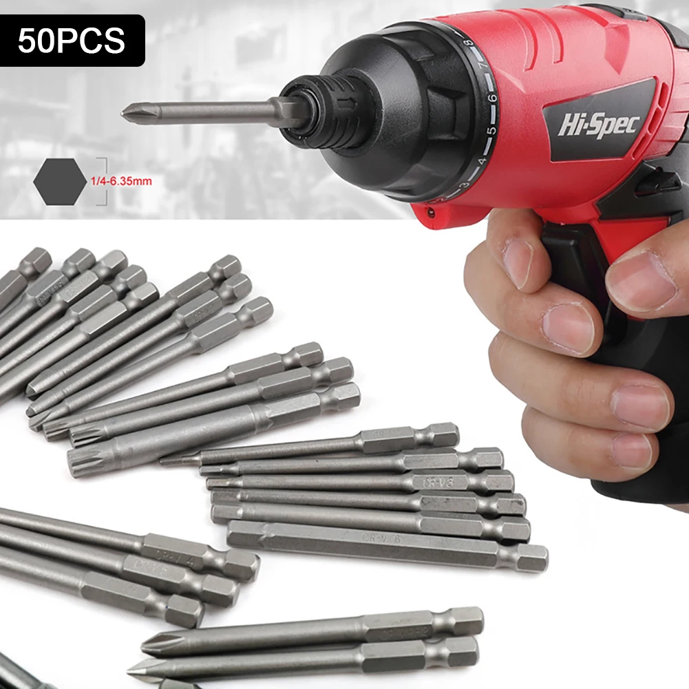 

50Pcs Screwdriver Bit Set Extra Long Security Bits Hex Star Torx Spline Flat Long Drill Bits