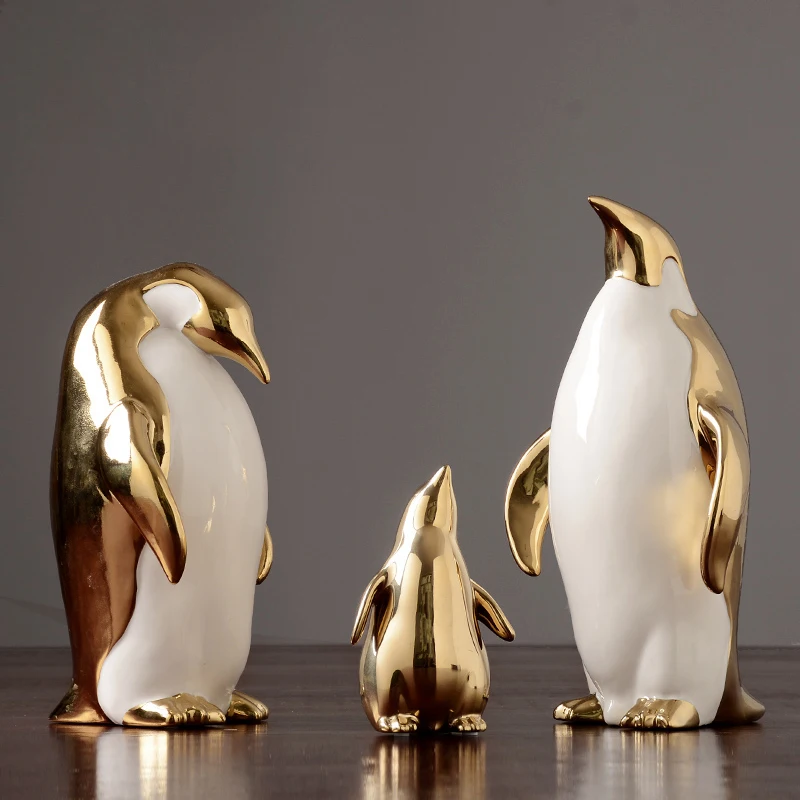 

Керамические фигурки золотого пингвина в скандинавском стиле, миниатюрные поделки с тремя животными, Креативные украшения, аксессуары для ...