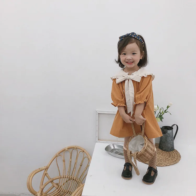 Осеннее детское хлопковое двубортное платье большого размера с бантом и