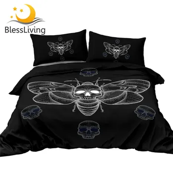 BlessLiving Moth Bedding Set 3D Skull Gothic Comforter Cover Black White Bedclothes Decorative Cozy Bedlinen Set 3pcs Dropship 1