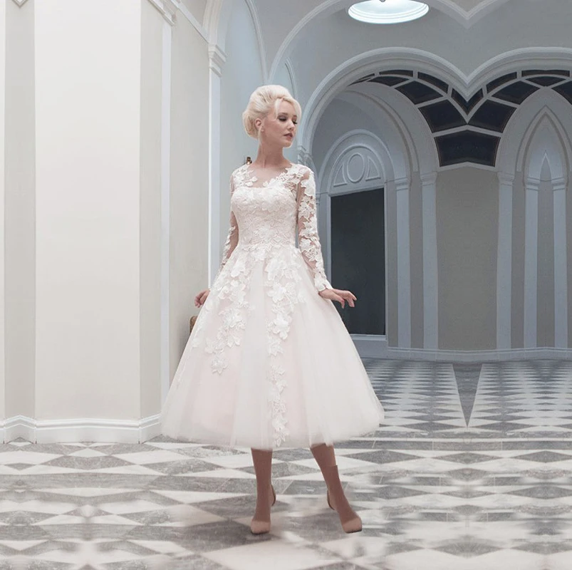 Фото Vestido de novia de manga larga con apliques, traje de novia corto personalizado, barato №1