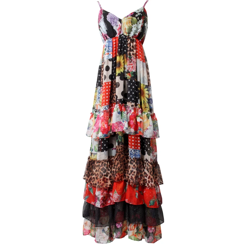 

Fashion Dress Summer Women's Spaghetti strap Backless Floral Print Cascading Ruffle Bohemia Chiffon Beach Dresses