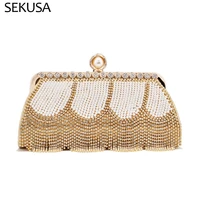 womens wedding party purse gold evening clutch bag luxury diamond crystal tassel pearl elegant small handbag