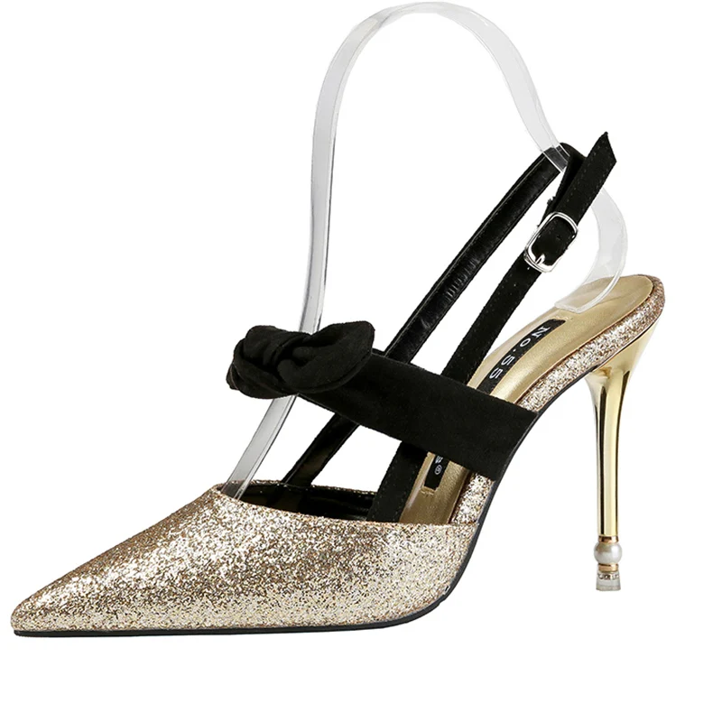 2019 г. Модные пикантные женские туфли на высоком каблуке 10 см с блестками шпильке