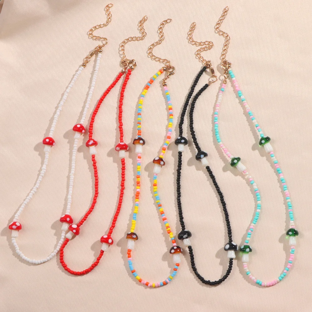 

Bohemia Cute Cartoon Mushroom Rsinbow Rice Beaded Necklaces For Women Girl Handmade Colorfu Beads Choker Necklace Jewelry Gifts