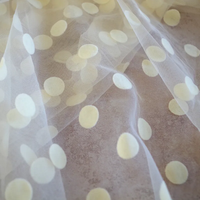 

5 yards Beige Polka Dot Tulle Soft Tulle Fabric With Flock Dots Velvet Dots Fabric Mesh