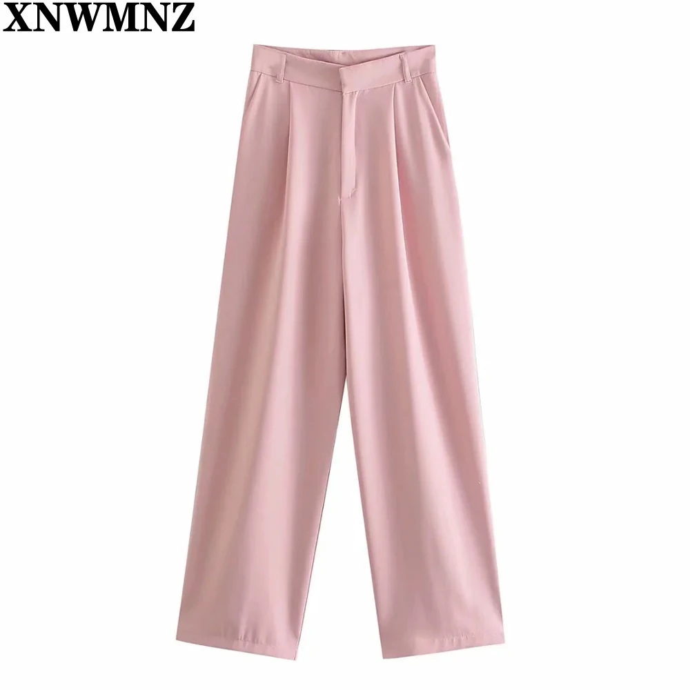 

XNWMNZ New Women Chic Fashion Office Wear Pink Wide Leg Pants Vintage High Waist Zipper Fly Female loose Trousers Mujer 2021