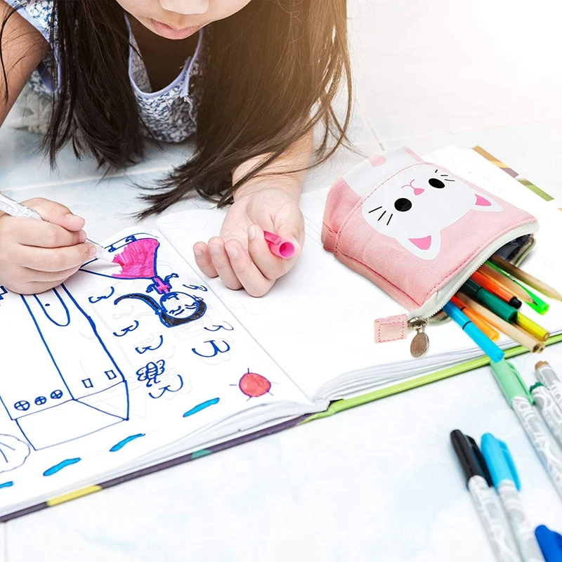 

3Pcs Pencil Holder Canvas Cute Cat Telescopic Pencil Organizer Makeup Pouch Bag Stationery Pen Case Box with Zipper