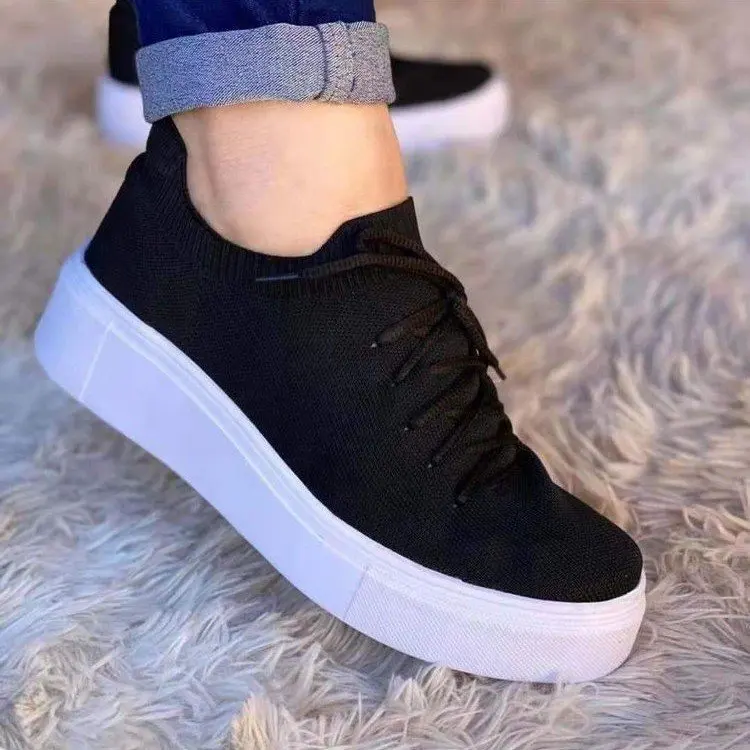 

New Style Thick-soled Mid-heel Round Toe Lace-up Woven Casual Shoes Women's Large Size Elastic White Shoes Flats Shoes