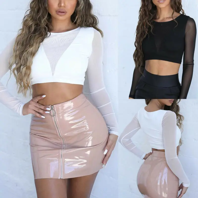 Женский сексуальный прозрачный сетчатый топ модная футболка с длинным рукавом