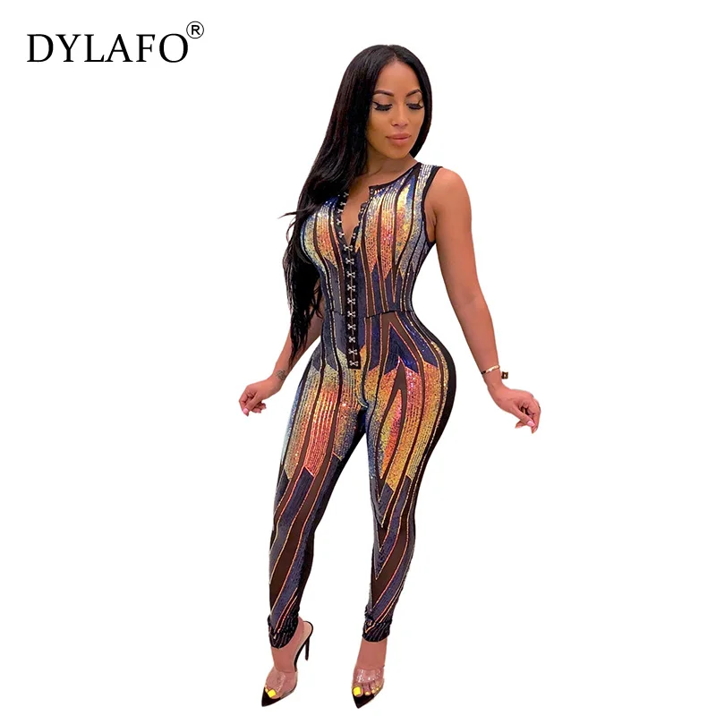 

Sexy Stretch Positioning Sequined Jumpsuits Sleeveless Hollow Out Skinny Bodycon See Through Long Playsuits for Lady Romper