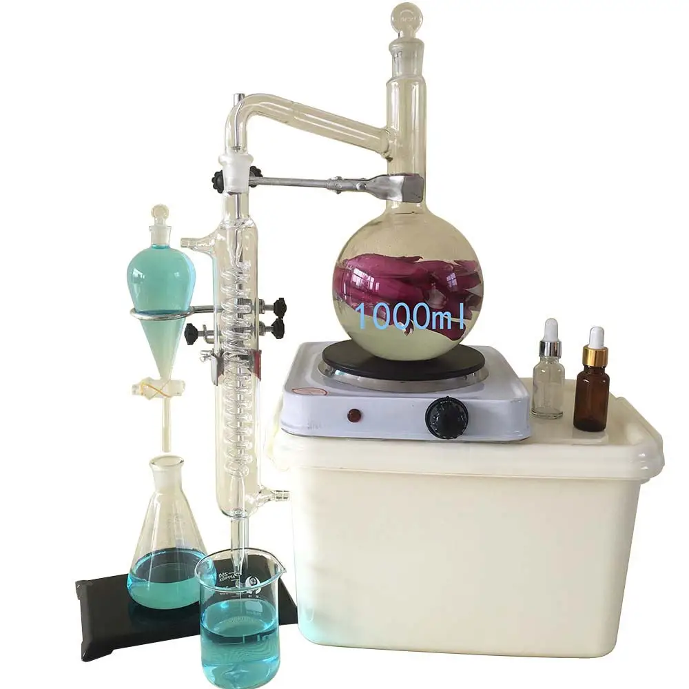 

1000ML LAB GLASSWARE KIT,MOONSHINE STILL,ESSENTIAL OIL STILL DISTILLER FOR PURE WATER , WITH CONDENSER PIPE FLASK AND HEATER
