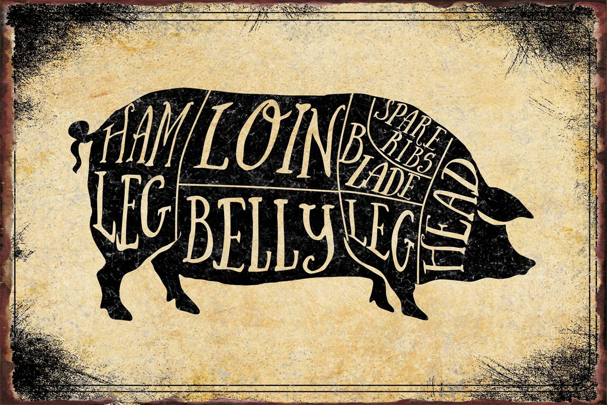 

Свинья мясница разрезает раньше, винтажный металлический знак в стиле ретро, жестяные таблички, Настенный декор для кафе, паба, дома, клуба, ...