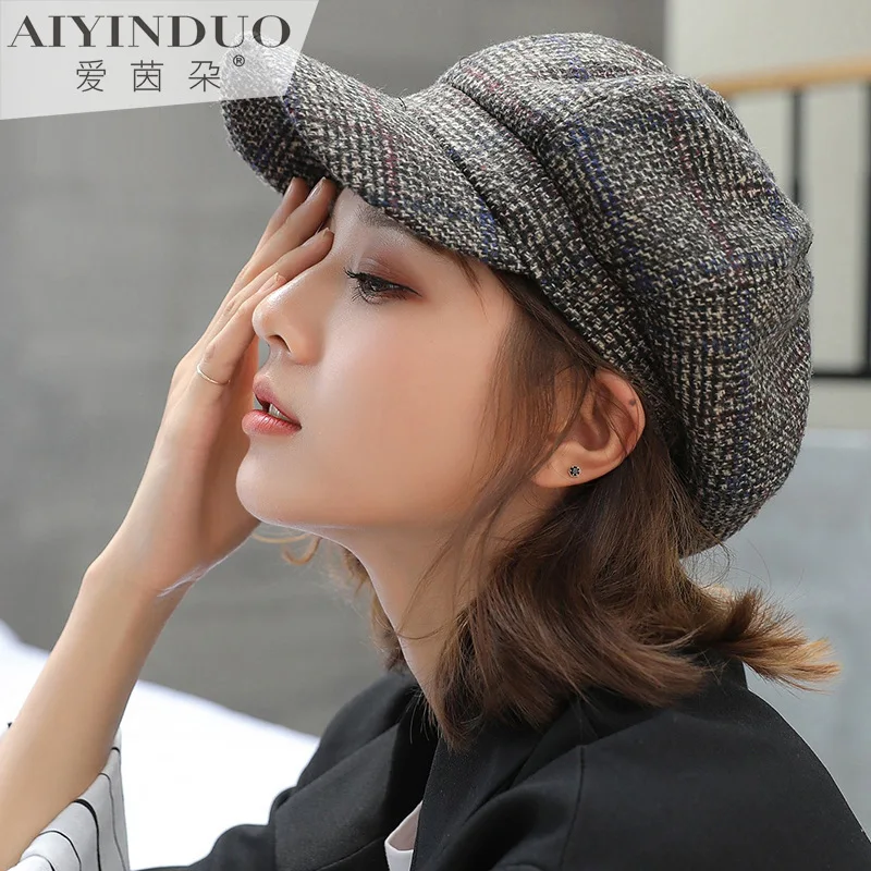 Женские осенние и зимние береты Женская однотонная восьмиугольная шапка черная