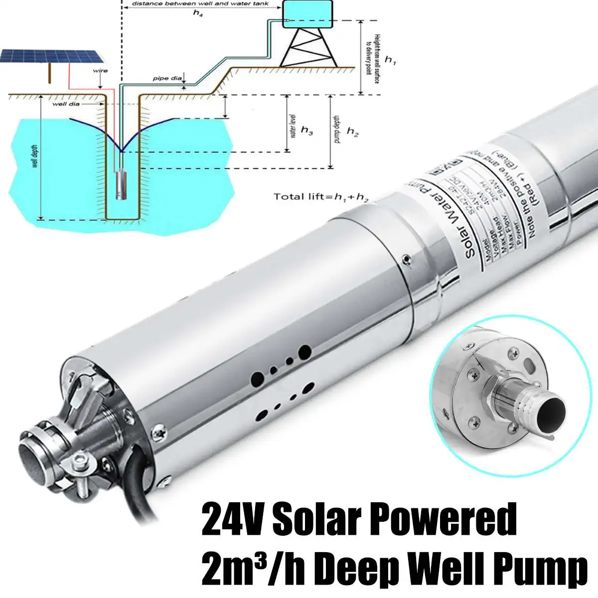 Водяной насос на солнечной энергии 24 В 2000 л/ч 40 м глубоких скважин погружной