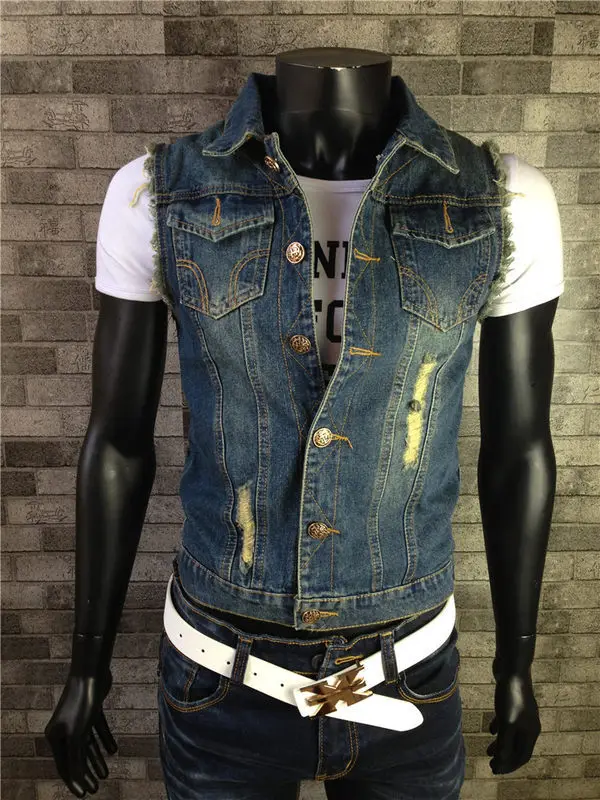 

Personality Men's Denim Jacket Ripped Decor Lapel Single Breasted Pocket Sleeveless Breathable Summer Male Locomotive Coat