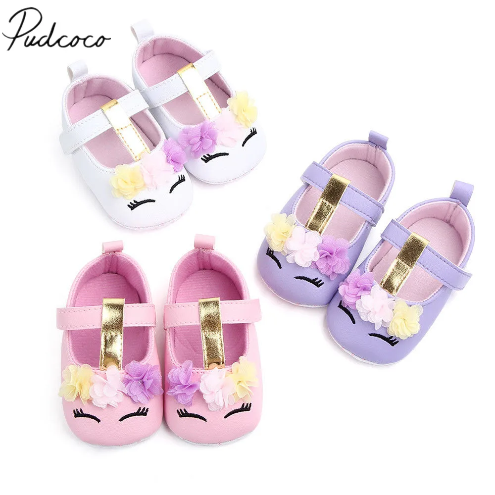 

2021 Newest Infant Toddler Baby Girls Flower Unicorn Shoes PU Leather Shoes Soft Sole Crib Shoes Autumn First walkers 0-18M