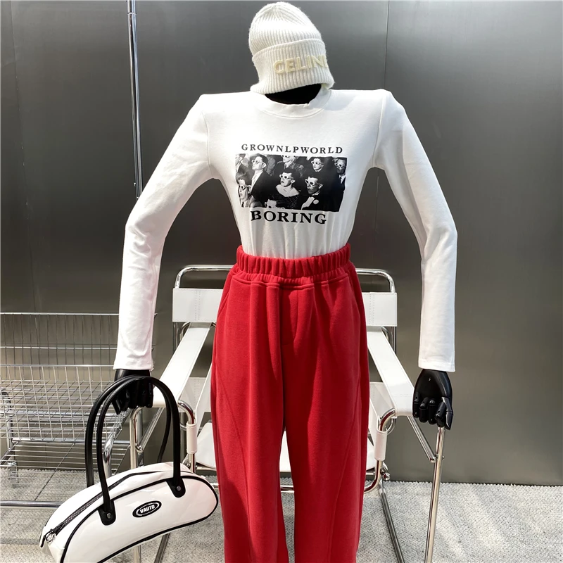 

New 2021 Trendy Figure Printed Brushed Cotton Long Sleeve T-shirt With Plush Slim Fit Short Slim Round Neck Shoulder Pad Top