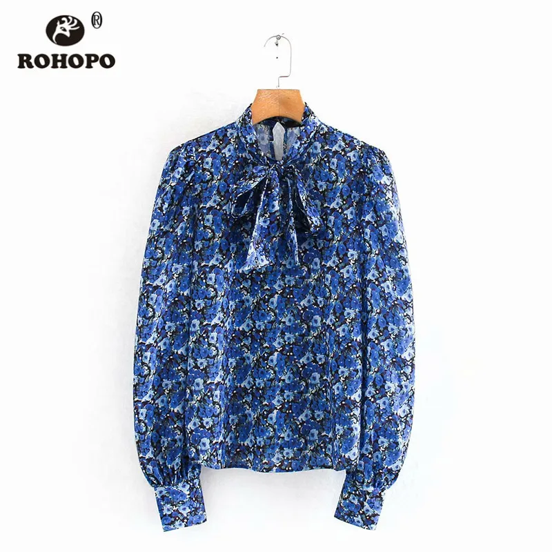 ROHOPO пышные с длинным рукавом цветочные синие топы блузка бант воротник пуговица