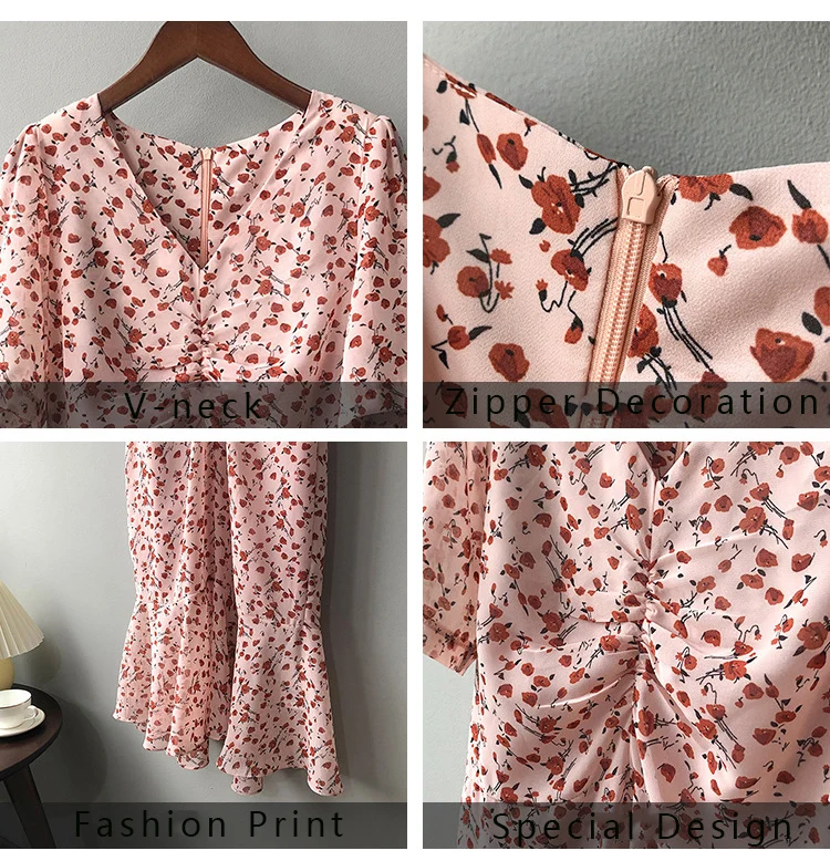 

2020 Women Summer Pink Dress Short Sleeve A-line V-neck Mid-Calf Empire Sweet Floral Print Long Chiffon Yellow Dresses with Sash