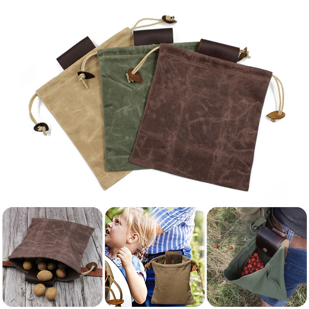 

Canvas Waist Hanging Fruits Picking Bag Bushcraft Bag Drawstring Foraging Bag Leather Belt Waist Pouch Waterproof for Hiking