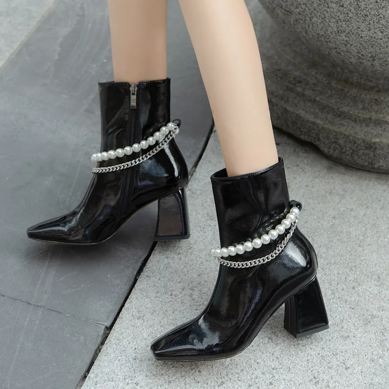 

FEDONAS Fashion Sweet Pearl Decoration Women Mid-Calf Boots Genuine Leather Side Zipper Thick Heels Pumps Wedding Shoes Woman