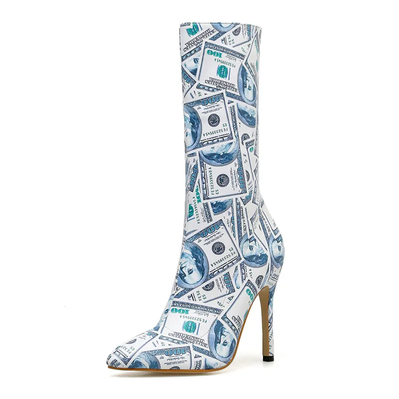 

Soft Leather Sexy Dollar Print Women Socks Boots Pointed Ankle Boots Stiletto Heels Fashion Mid-Tube Boots Ladies Zipper Shoes