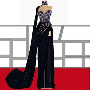 Расшитое Бисером, с высоким воротником Милая велюровое платье для выпускного вечера платья для женщин robe femme платье vestido de fiesta de boda; платья знаменитостей