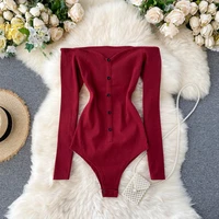 casual slash neck long sleeve bodysuit autumn 2020 single breasted playsuit redgrayblack sexy knitted rompers new fashion 2020