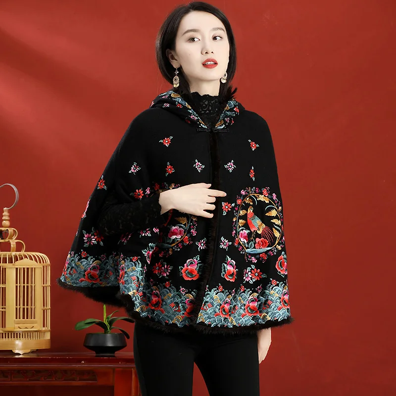 

Шерстяная Накидка женская осенняя и зимняя Ретро Вышивка в китайском стиле однобортная норковая шерсть шерстяное пальто размера плюс M-2XL