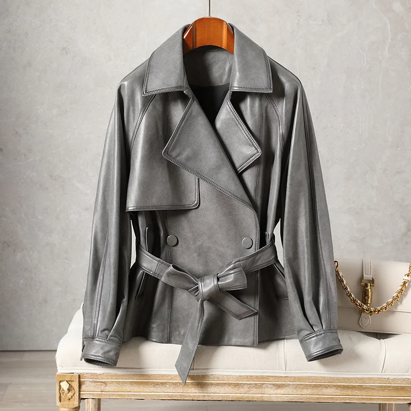 

SHZQ Leather Clothes Women's Spring and Autumn Little Sheep Leather Jacket 2021 New Belt Motorcycle Clothes Coat Single Fashion