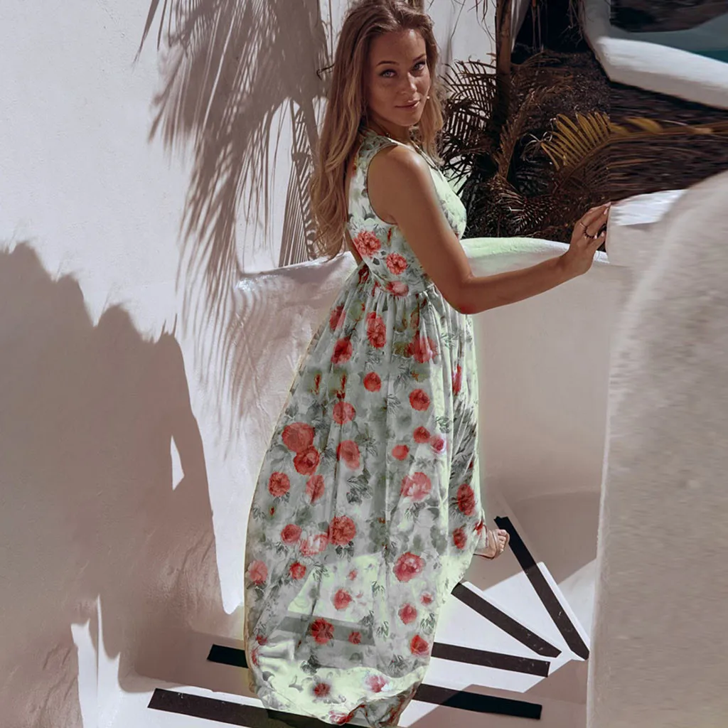 Женское платье-макси с цветочным принтом Летнее Длинное платье оборками и