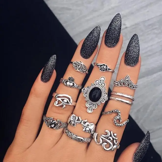 

925 Silver Flower Ring Set Couple Bead Rings for Teens Bohemia Geometric Black Gem Rings for Man Signet Ring Women Signet-ring