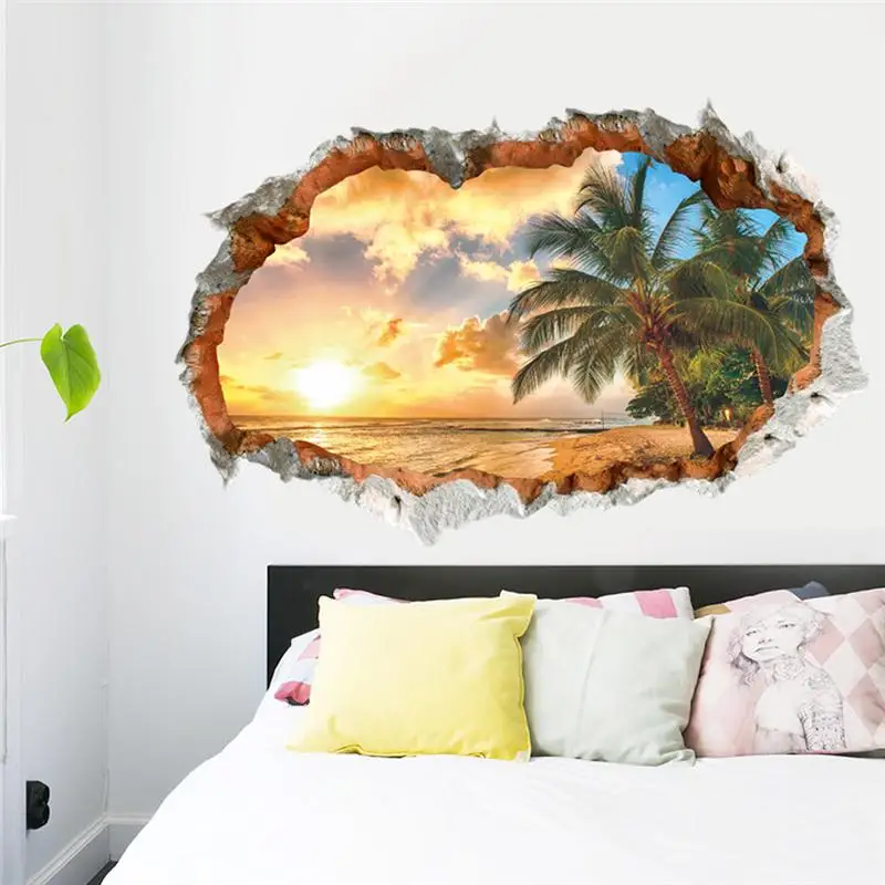 Sunset Seabeach Coconut Wall Art Stickers For Office Store Living Room Bedroom Home Decor 3d Broken Hole Scenery Pvc Decals