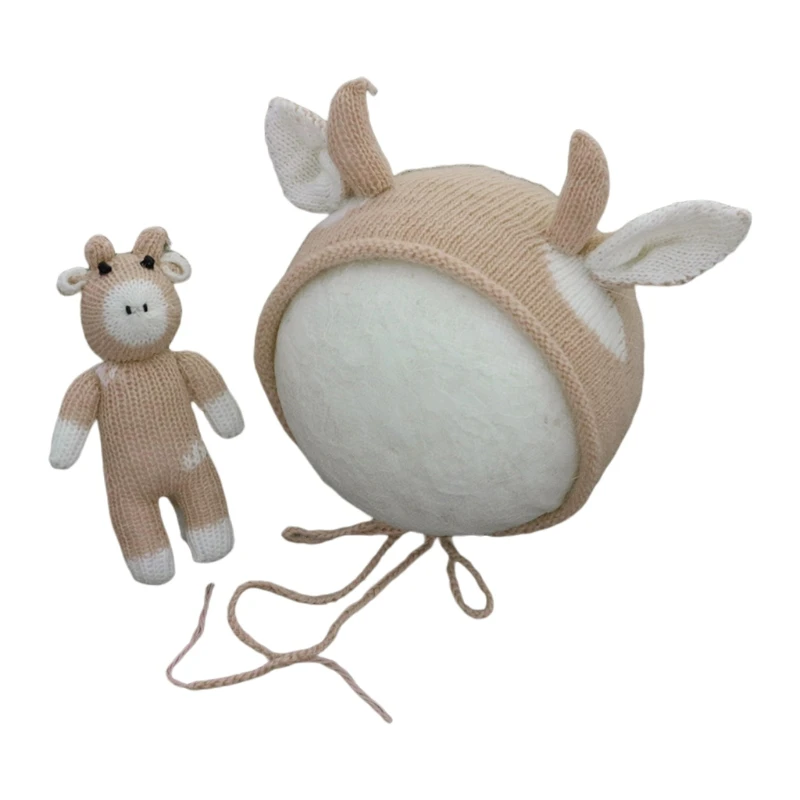 

2 Pcs Baby Knitting Cow Hat Animal Doll Set Handmade Crochet Mohair Beanies Cap Newborn Photography Props Bonnet