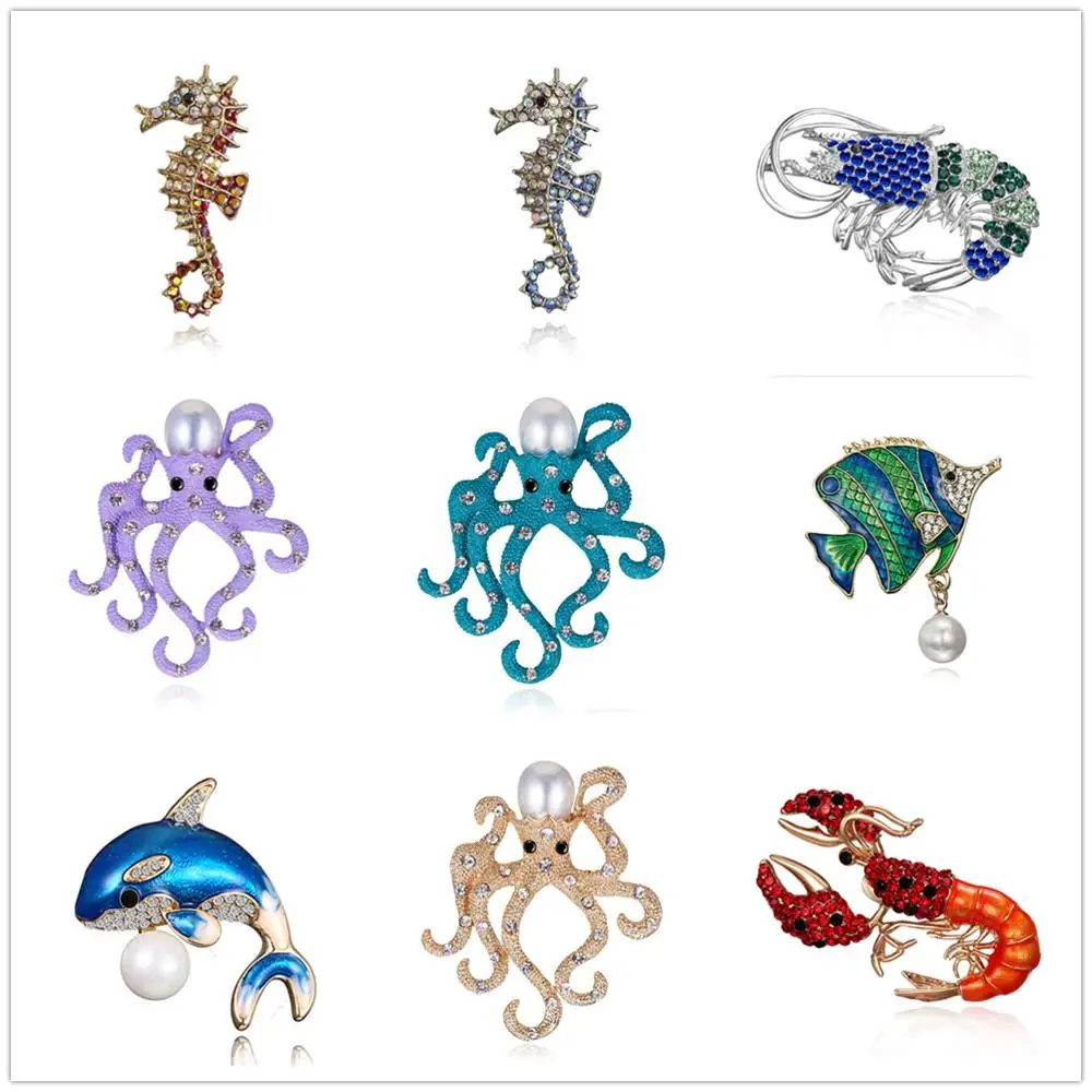 Женская эмалированная брошь в виде синего дельфина стразы рыбы осьминога модные