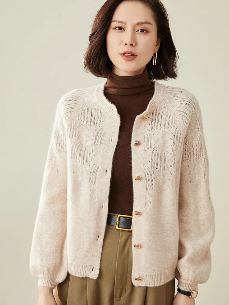 100% Pure Cashmere Knitted Jumpers Female Oneck Jackets Winter 2021 New Long Sleeve Cardigans for Woman Hollowed Out Fashion Top
